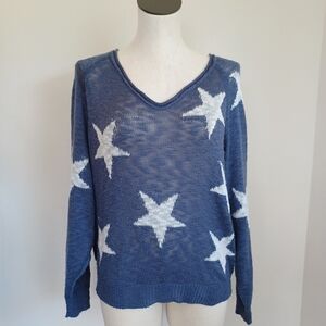 Blank Paige Sweater Star Print Blue White Slouchy V Neck Pullover Womens Medium